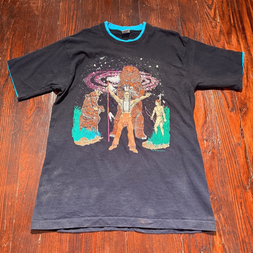 VTG Native American Shirt Men L Black Puff 3D MADE IN USA Fruit Loom Animals
